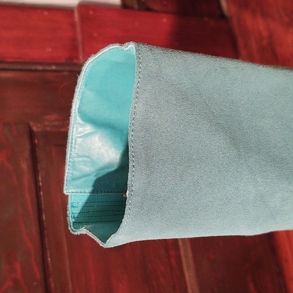 Colin Stuart Teal Suede Platform Boots with Striped Heels Sz 6 - Picture 5 of 16
